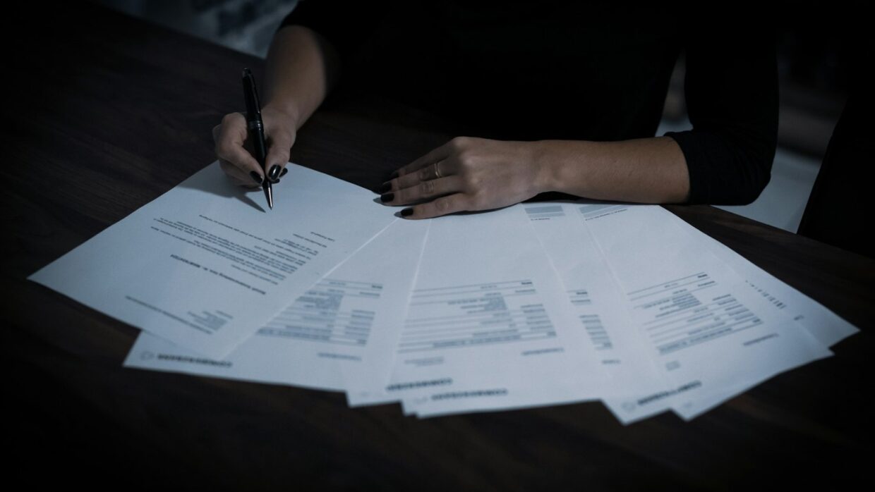 A person holding a pen over several financial statements spread across a dark table